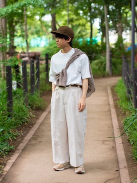 「COMOLI（コモリ）のアイテム（帽子）」を使った、Naotoさん（メンズ・165cm）の夏コーディネート