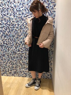 「earth music&ecology（アースミュージックアンドエコロジー）の・ファイバーダウンマウンテンパーカー 〇（その他アウター、ベージュ系）」を使った、にける★さん（レディース・164cm）の秋コーディネート