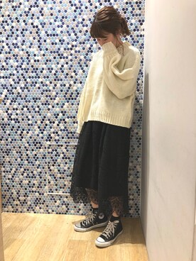 「earth music&ecology（アースミュージックアンドエコロジー）の・手編み風ボリュームニットプルオーバー ●（ニット/セーター、ホワイト系）」を使った、にける★さん（レディース・164cm）の冬コーディネート