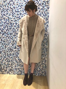「ケーブルニット」｜「アイテム（ムートンコート）」を使った、にける★さん（レディース・164cm）の冬コーディネート