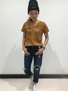 「Champion」｜Right-on 店舗スタッフさん（レディース・157cm）の夏コーディネート