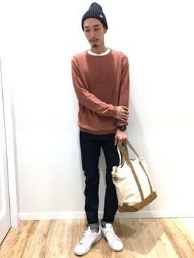 「Champion（チャンピオン）のアイテム（ニットキャップ/ビーニー）」を使った、Right-on 店舗スタッフさん（メンズ・176cm）の秋コーディネート