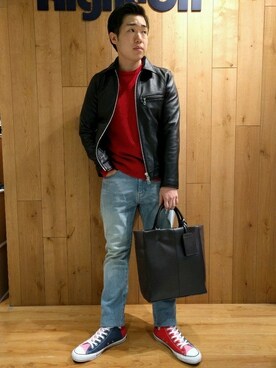 「Right-on（ライトオン）のアイテム（トートバッグ）」を使った、Right-on 店舗スタッフさん（メンズ・174cm）の秋コーディネート