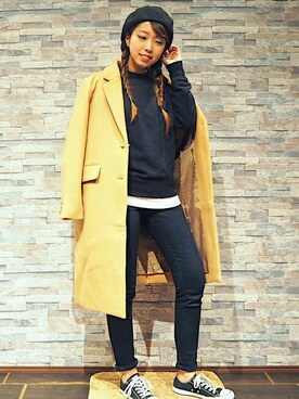 「BACK NUMBER（バックナンバー）のアイテム（チェスターコート）」を使った、Right-on 店舗スタッフさん（レディース・159cm）の冬コーディネート