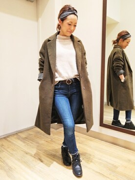 「BACK NUMBER（バックナンバー）のアイテム（チェスターコート）」を使った、Right-on 店舗スタッフさん（レディース・155cm）の冬コーディネート