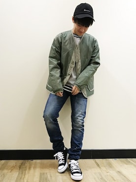 「※ALPHA（アルファ）のアイテム（ブルゾン）」を使った、Right-on 店舗スタッフさん（メンズ・162cm）の冬コーディネート