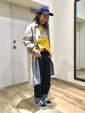 「BACK NUMBER（バックナンバー）のアイテム（ステンカラーコート）」を使った、Right-on 店舗スタッフさん（レディース・157cm）の春コーディネート