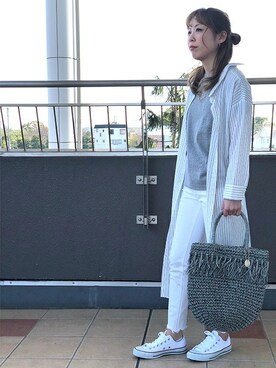 「cache cache（カシュ カシュ）のアイテム（かごバッグ）」を使った、Right-on 店舗スタッフさん（レディース・157cm）の春コーディネート