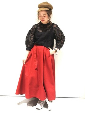 「オーガンジー」｜「アイテム（キャスケット）」を使った、Right-on 店舗スタッフさん（レディース・153cm）の春コーディネート