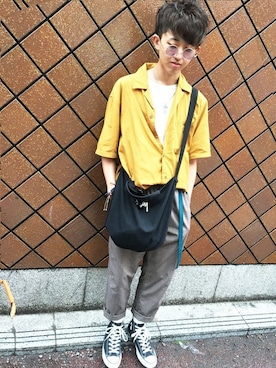 「Champion（チャンピオン）のアイテム（Tシャツ/カットソー）」を使った、Right-on 店舗スタッフさん（メンズ・172cm）の春コーディネート