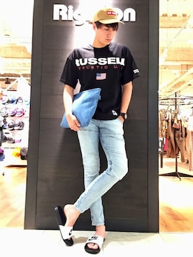 「BEN DAVIS（ベンデイビス）のアイテム（キャップ）」を使った、Right-on 店舗スタッフさん（メンズ・180cm）の夏コーディネート