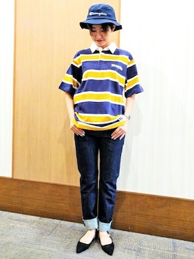 「ラガーシャツ」｜「アイテム（パンツ）」を使った、Right-on 店舗スタッフさん（レディース・160cm）の夏コーディネート