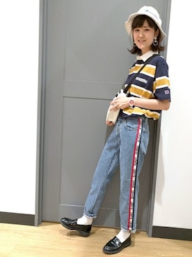 「ラガーシャツ」｜「アイテム（パンツ）」を使った、Right-on 店舗スタッフさん（レディース・160cm）の夏コーディネート