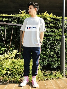 「RUSSELL（ラッセル）のアイテム」を使った、Right-on 店舗スタッフさん（メンズ・171cm）の夏コーディネート