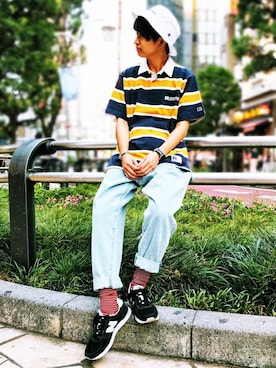 「RUSSELL（ラッセル）のアイテム」を使った、Right-on 店舗スタッフさん（メンズ・165cm）の夏コーディネート