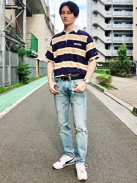 「ラガーシャツ」｜Right-on 店舗スタッフさん（メンズ・172cm）の夏コーディネート