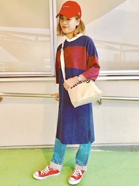 「ラガーシャツ」｜「アイテム（パンツ）」を使った、Right-on 店舗スタッフさん（レディース・160cm）の夏コーディネート