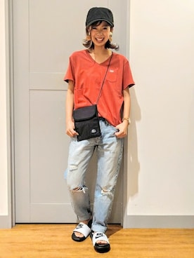 「ポケットＴシャツ」｜「アイテム（キャップ）」を使った、Right-on 店舗スタッフさん（レディース・155cm）の夏コーディネート