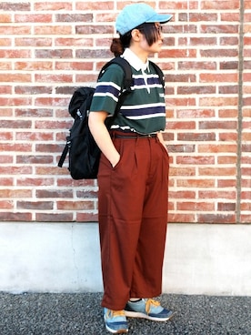 「ラガーシャツ」｜「アイテム（帽子）」を使った、Right-on 店舗スタッフさん（レディース・151cm）の夏コーディネート