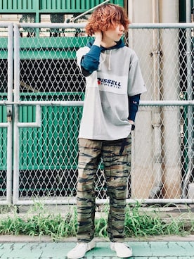 「RUSSELL（ラッセル）のアイテム」を使った、Right-on 店舗スタッフさん（メンズ・175cm）の夏コーディネート