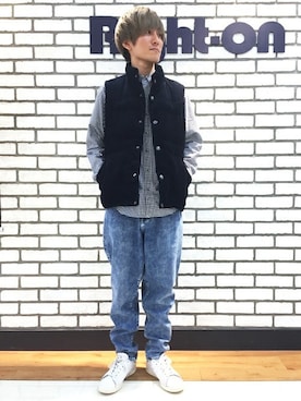 「Right-on（ライトオン）のアイテム（ベスト）」を使った、Right-on 店舗スタッフさん（メンズ・173cm）の秋コーディネート