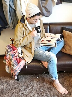 「Champion（チャンピオン）のアイテム（ニットキャップ/ビーニー）」を使った、Right-on 店舗スタッフさん（メンズ・182cm）の秋コーディネート