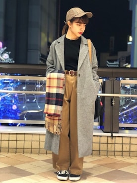 「BACK NUMBER（バックナンバー）のアイテム（チェスターコート）」を使った、Right-on 店舗スタッフさん（レディース・160cm）の冬コーディネート