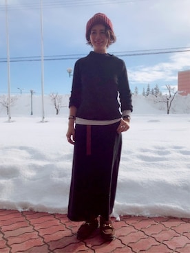 「HANES（ヘインズ）のアイテム（その他アンダーウェア/インナー）」を使った、Right-on 店舗スタッフさん（レディース・166cm）の冬コーディネート