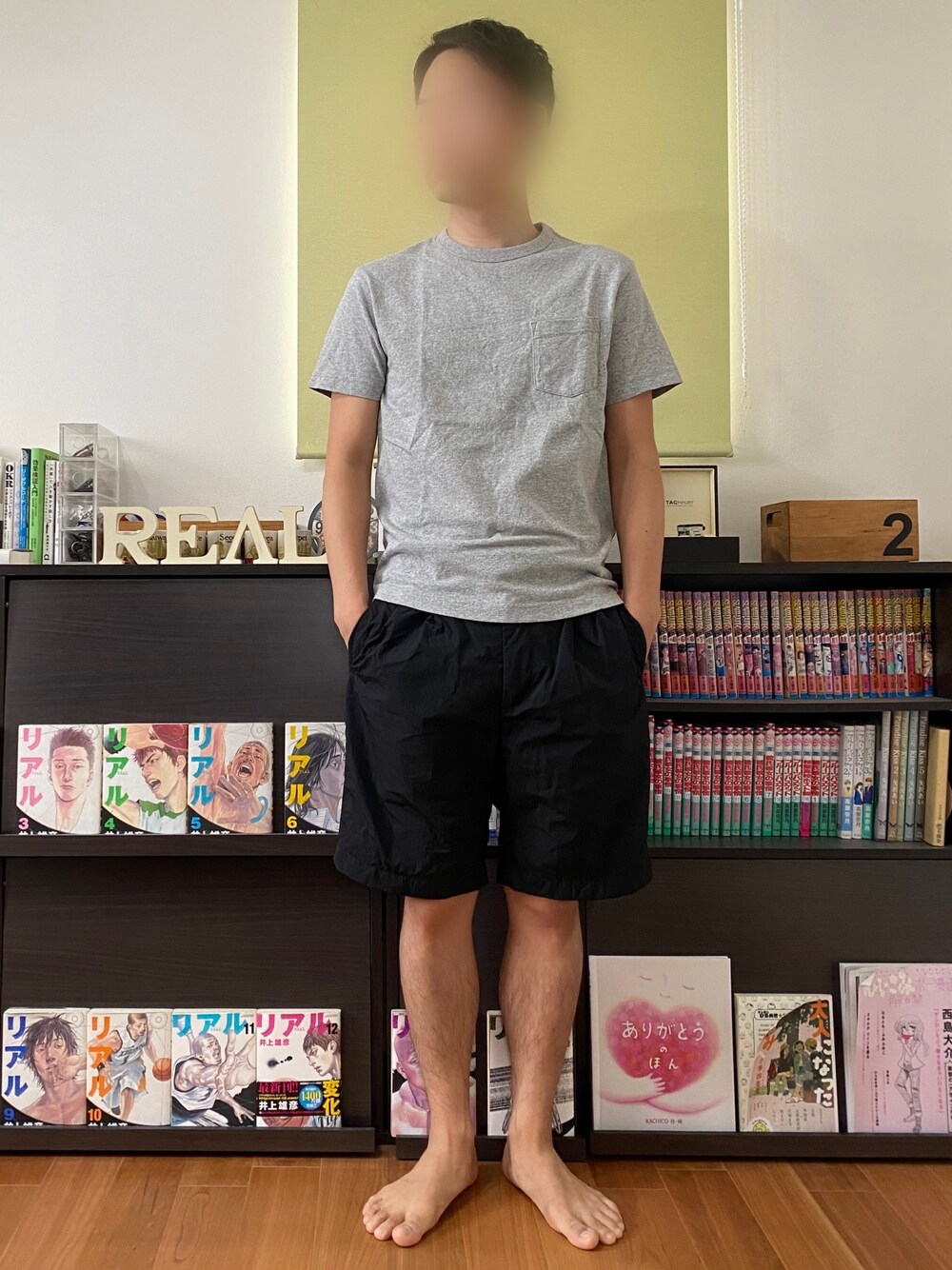 「シンプルコーデ、夏コーデ、ゆるコーデ、Tシャツ、無印良品、ポケットＴシャツ、今日のコーデ、おうちファッション、シンプル、ハーフパンツ」｜「BEAUTY&YOUTH UNITED ARROWSのBY ハードナイロン 2P ショーツ（その他パンツ、ブラック系）」を使った、ひかるさん（メンズ・166cm）の夏コーディネートの1枚目の写真