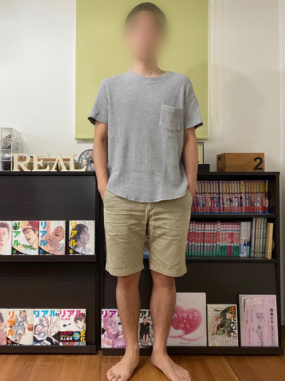「シンプル、ワッフル、ポケットＴシャツ、ショーツ、夏、ビッグシルエット、Tシャツ、nano・universe、短パン、おしゃれさんと繋がりたい」｜「NANO universeのアイテム（その他パンツ、グリーン系）」を使った、ひかるさん（メンズ・166cm）の夏コーディネートの1枚目の写真