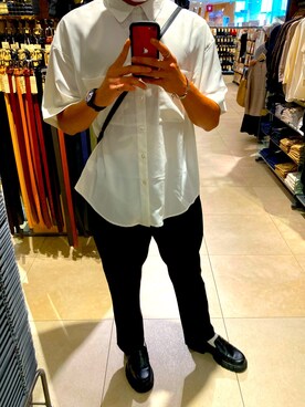 「INTER FACTORY（インターファクトリー）のファッションインフルエンサーDAISUKE×INTER FACTORY　ダブルポケットロールアップオーバーシャツ（シャツ/ブラウス、ホワイト系）」を使った、kumitaさん（メンズ・180cm）の夏コーディネート