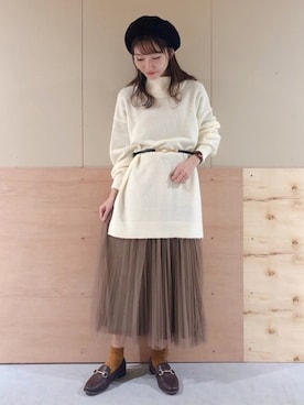 「earth music&ecology（アースミュージックアンドエコロジー）のチュールプリーツスカート＊（スカート）」を使った、Ayanaさん（レディース・156cm）の秋コーディネート