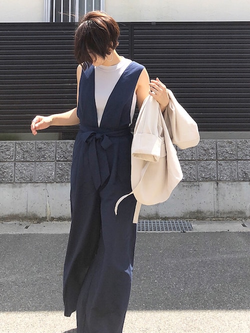 ウエストリボンVネックコンビネゾン（つなぎ/オールインワン