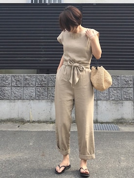 「アイテム（つなぎ/オールインワン、ベージュ系）」を使った、tomoさん（レディース・154cm）の夏コーディネート