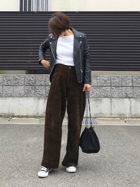 「NANO universe（ナノユニバース）のアイテム（ライダースジャケット）」を使った、tomoさん（レディース・154cm）の秋コーディネート