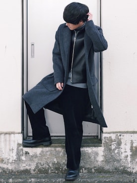「オーバーコート」｜「アイテム（ライダースジャケット）」を使った、げんじさん（メンズ・175cm）の冬コーディネート