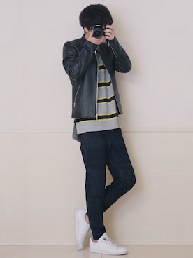 「ボーダーニット」｜「アイテム（ライダースジャケット）」を使った、げんじさん（メンズ・175cm）の冬コーディネート