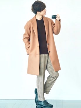 「LIDNM（リドム）のアイテム（チェスターコート）」を使った、げんじさん（メンズ・175cm）の冬コーディネート