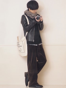 「LIDNM（リドム）のアイテム（ライダースジャケット）」を使った、げんじさん（メンズ・175cm）の冬コーディネート