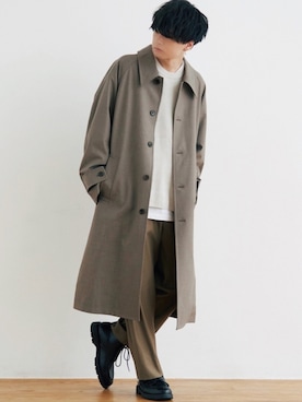 「LIDNM（リドム）のアイテム（ステンカラーコート）」を使った、げんじさん（メンズ・175cm）の秋コーディネート