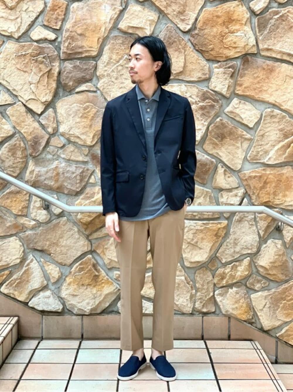 「ジャケット、キレイめ、ビジネススタイル、ポロシャツ、きれいめカジュアル、アンクルパンツ、オフィスカジュアル、ビジネスカジュアル、417 EDIFICE、wws」｜「gimの◆【GIM / ジム】417別注 ハイドロ銀チタン カノコ ポロシャツ（ポロシャツ、ブルー系）」を使った、ふくさん（メンズ・178cm）の夏コーディネートの1枚目の写真