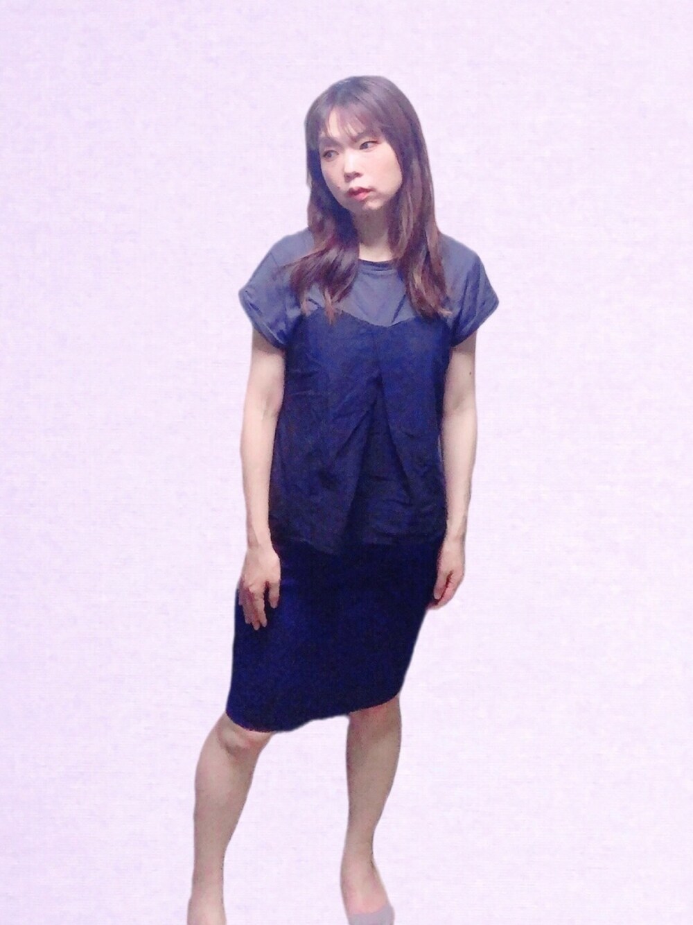 「シンプルコーデ、ブルー×ブラック、KBF、ダブルクローゼット、w closet、ケービーエフ(KBF)、タイトスカート」｜「w closetのドッキングビスチェTシャツ（Tシャツ/カットソー、ブラック系）」を使った、とらぱんさん（レディース・161cm）の夏コーディネートの1枚目の写真