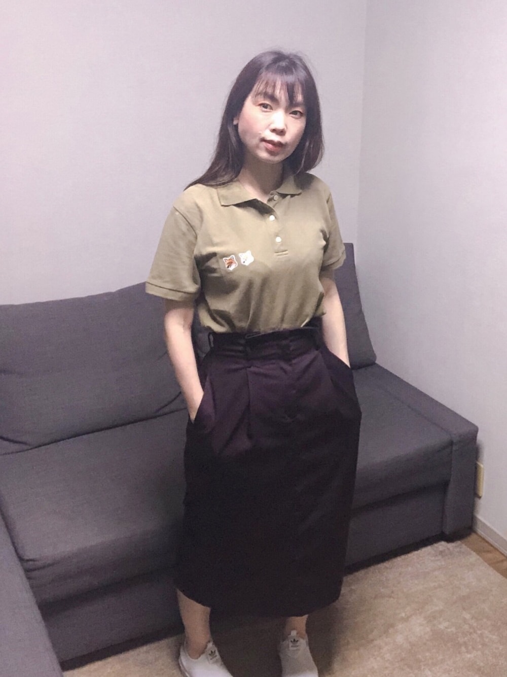 「シンプルコーデ、カジュアルコーデ、ポロシャツ、メゾンキツネ、MAISON KITSUNE、KBF、ケービーエフ(KBF)」｜「Maison KitsuneのPOLO DOUBLE FOX HEAD PATCH（ポロシャツ、グリーン系）」を使った、とらぱんさん（レディース・161cm）の夏コーディネートの1枚目の写真