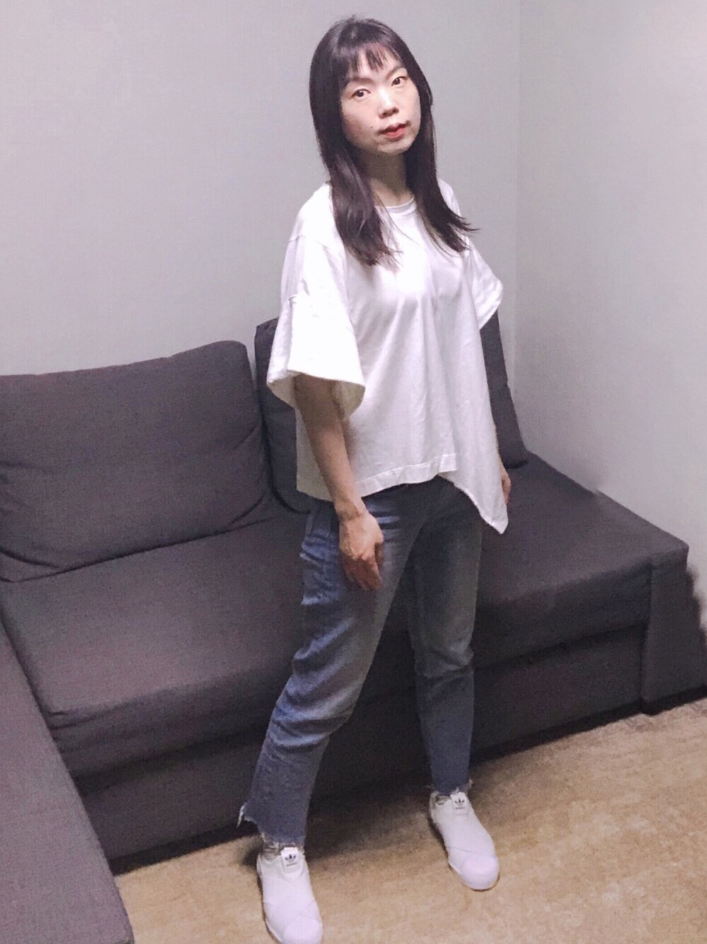 「オトナカジュアル、KBF、チープマンデー、cheap monday、夏コーデ」｜「KBFのBIGロールアップスリーブTEE（Tシャツ/カットソー、ホワイト系）」を使った、とらぱんさん（レディース・161cm）の夏コーディネートの1枚目の写真