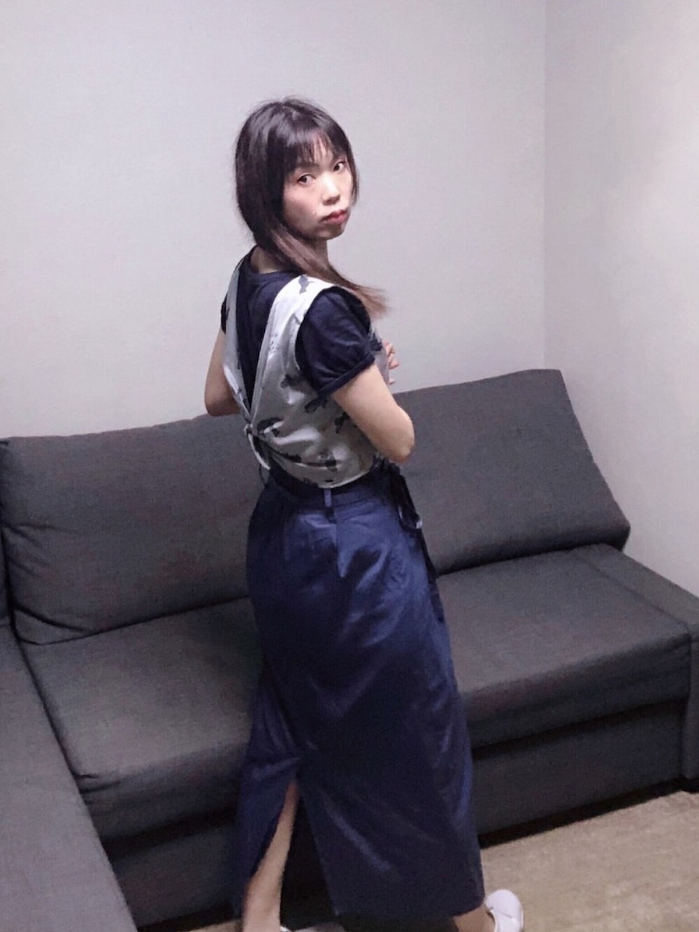 「夏、メゾンキツネ、KBF、MAISON KITSUNE、ビスチェ、タイトスカート、ブルー、ブルーコーデ、ユニクロ、UNIQLO」｜「UNIQLOのアイテム（Tシャツ/カットソー、ブルー系）」を使った、とらぱんさん（レディース・161cm）の夏コーディネートの1枚目の写真