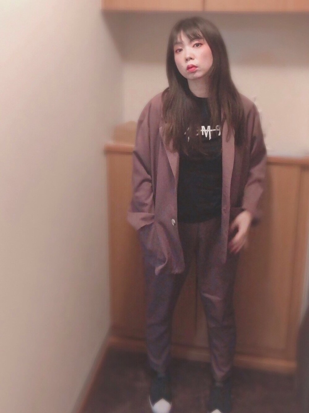 「メンズライク、GRL、GRLグレイル、グレイル、セットアップ、プチプラ」｜「CHEAP MONDAYのStandard tee Hacker logo（Tシャツ/カットソー、ブラック系）」を使った、とらぱんさん（レディース・161cm）の春コーディネートの1枚目の写真