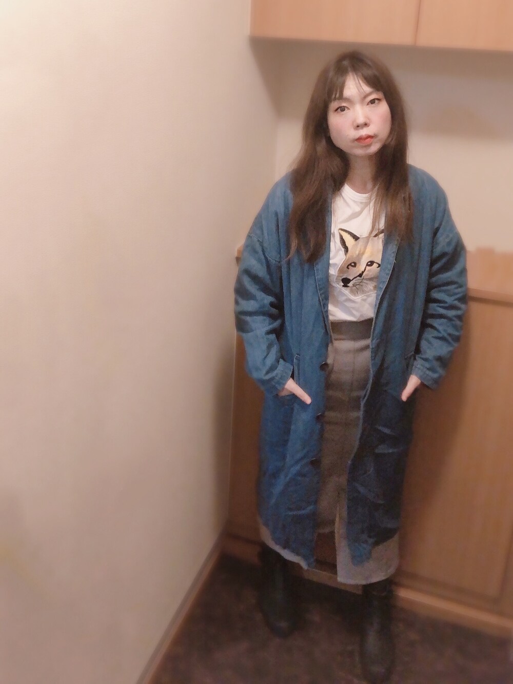 「大人カジュアル、メゾンキツネ、MAISON KITSUNE、KBF、ケービーエフ(KBF)、ムーンスター、Moonstar、レインブーツ」｜「KBFのアイテム（ジャケット/アウター、ブルー系）」を使った、とらぱんさん（レディース・161cm）の春コーディネートの1枚目の写真