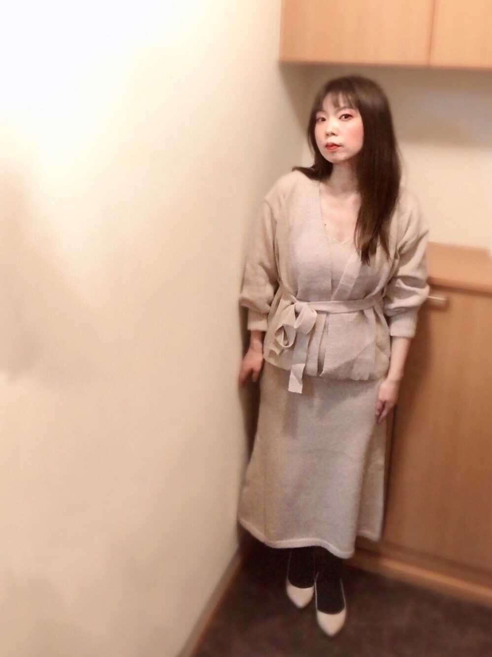 「シンプルコーデ、春コーデ、春カラー、フィフス、fifth、ワンピース、セットアップ、淡色コーデ」｜「fifthのソフトタッチキャミワンピニットアップ（セットアップ、ピンク系）」を使った、とらぱんさん（レディース・161cm）の春コーディネートの1枚目の写真