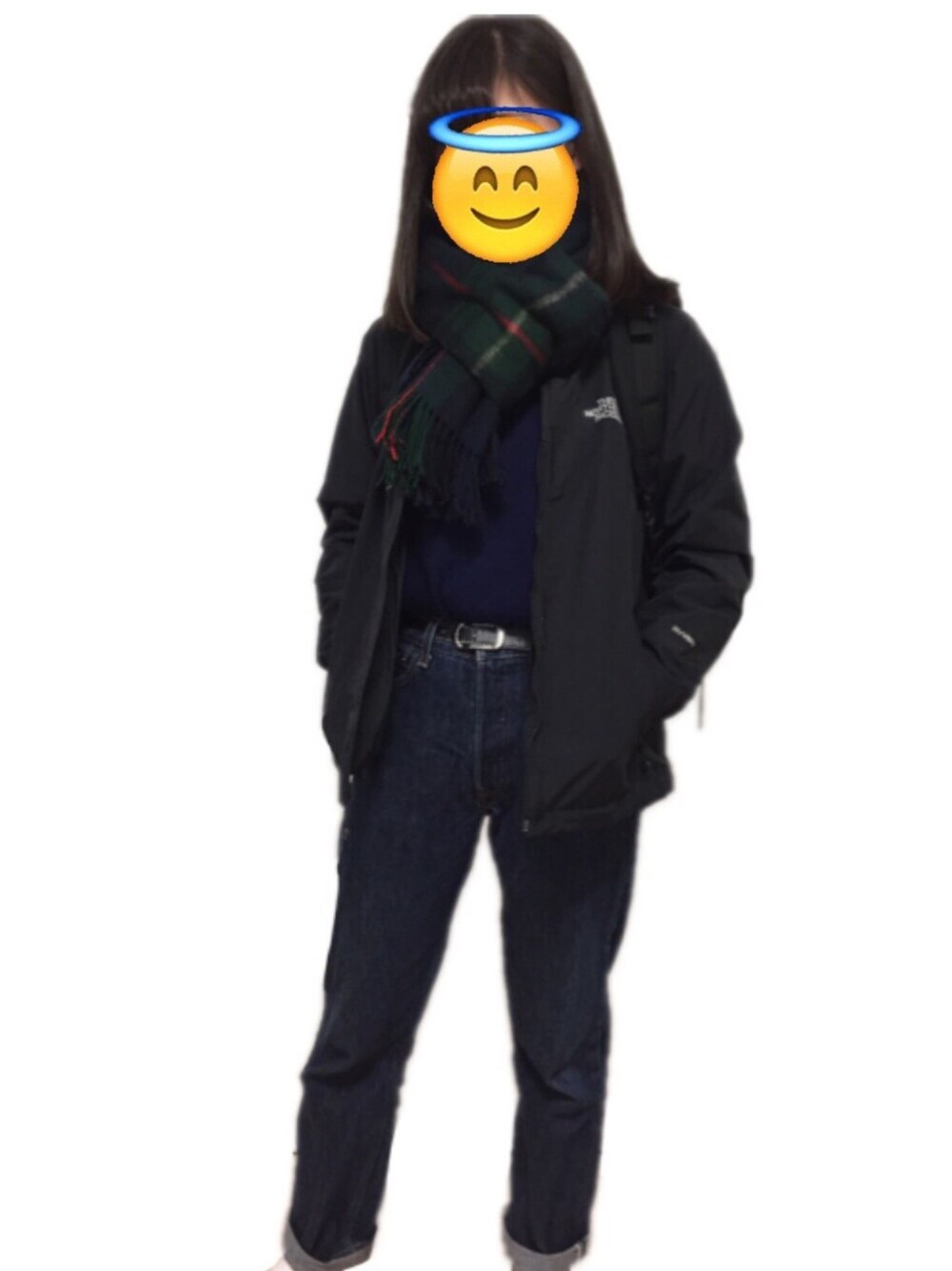 「ラコステ、LACOSTE、superstar、adidas、チープカシオ、ノースフェイス、THE NORTH FACE、リーバイス、Levi's、levis 501」｜「atmos/atmos girlsのThe North Face Dot Shot Jacket[ザノースフェイス ドット ショット ジャケット]（ナイロンジャケット、ブラック系）」を使った、ntmさん（レディース・162cm）の冬コーディネートの1枚目の写真
