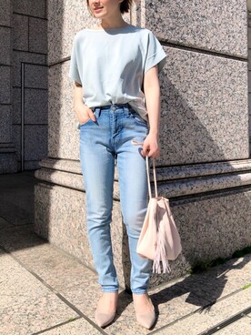 「RIVE DROITE（リヴドロワ）のボートネックボリュームニット　(ミドル丈)（ニット/セーター）」を使った、TOMOさん（レディース・152cm）の春コーディネート